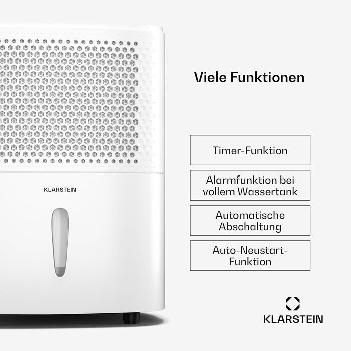 Електричний осушувач Klarstein DryFy 20L - 400W, 20л/день, білий. Для дому та офісу, з функцією сушіння білизни. Тиха робота 46dB, Auto-Swing, таймер, 5л бак.