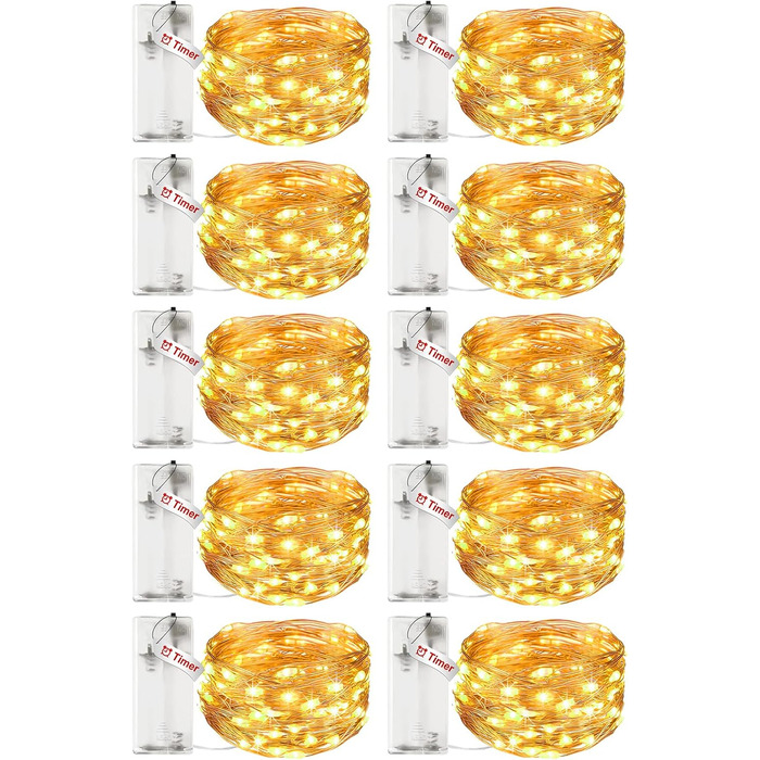 LED гірлянда на батарейках з таймером, 3 м, 30 LED, мідний дріт, тепле біле світло, комплект 10 шт. – для декору, вечірок, весілля, Різдва, Хелловіну