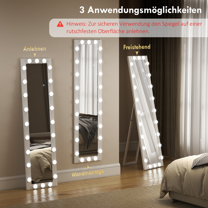 Дзеркало у повний зріст 150x40 см з LED-підсвічуванням та 24 лампочками, 3 кольори світла, підлогове, настінне або похиле. Білий колір.