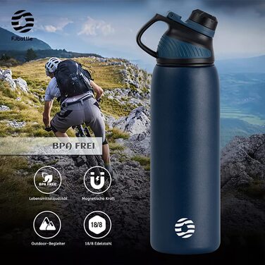 Термобутиль Fjbottle зі сталі нержавіючої з магнітною кришкою, герметична спортивна пляшка для води та напоїв (BPA-free), підходить для газованих напоїв, темно-синя, 1000 мл
