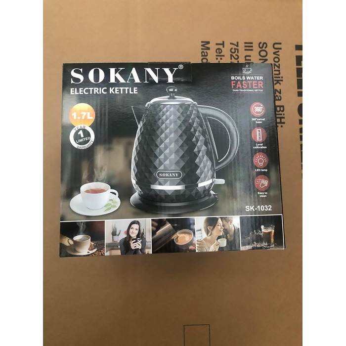 Електрочайник SOKANY SK-1032 2200 Вт, 1,7 л, білий, знімний фільтр від накипу, авто-вимкнення, індикатор рівня води, обертається на 360°, чайник для води та чаю