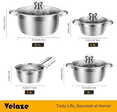 Набір каструль Velaze 7-ка з нержавіючої сталі, з кришками, індукційні, PFOA free, для всіх плит, сріблясті