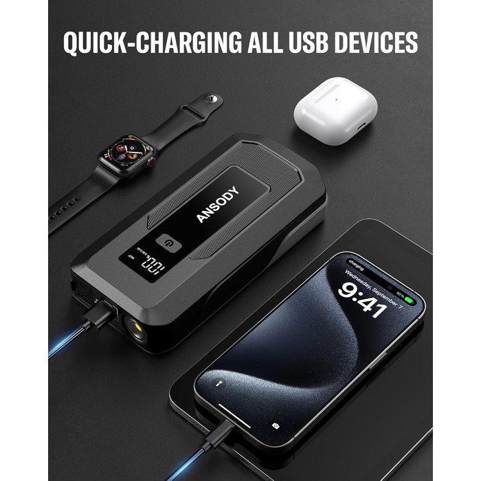 Бустерний пускач автомобіля 3000A Powerbank для авто 12V (до 10л бензин/8л дизель) з LED-ліхтарем та пусковими кабелями, сірий