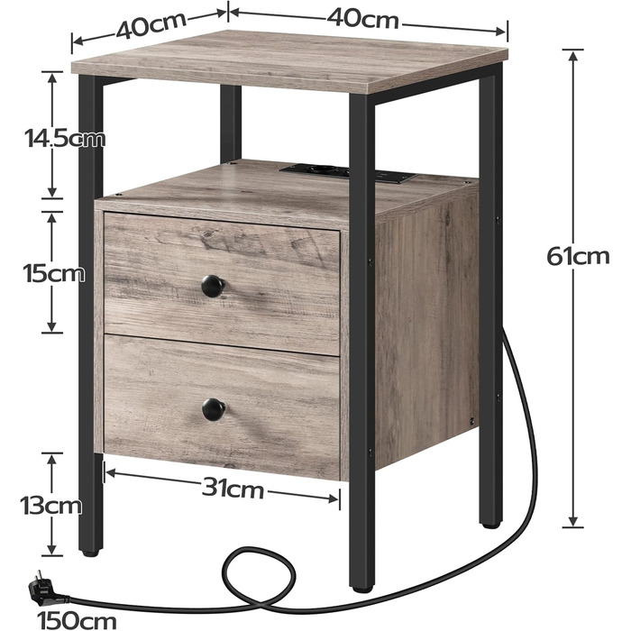 Тумба приліжкова HOOBRO з USB-зарядкою, 2 шухляди, 40x40x61 см, сучасна, для спальні та вітальні, сіро-чорна