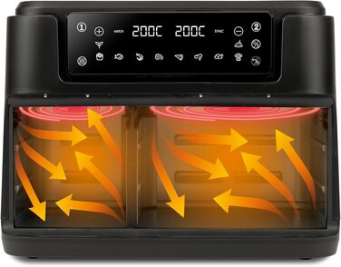 Аерофритюрниця Girmi FG26 Ecofrit Bis з двома зонами приготування, 9 л, 2400 Вт, цифровий дисплей, антипригарне покриття, чорна