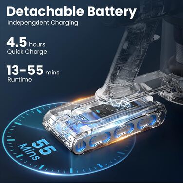 Бездротовий пилосос Dzaki Akku з потужністю 45KPa, без мішка, з дисплеєм, антизаплутана щітка, час роботи 55 хв, знімний акумулятор, для твердих поверхонь, шерсті тварин, килимів, авто, блакитний