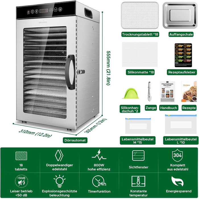 Сушарка для продуктів Kwasyo Edelstahl 750W з 18 рівнями, цифровим таймером, регулюванням температури та захистом від перегріву. Професійна дегідратор для фруктів, овочів, м'яса