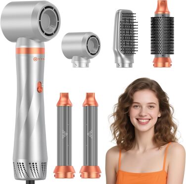Мультистайлер для волосся 5-в-1 Faltbarer Airstyler: стайлер з ефектом Коанда, іонний фен-щітка та плойка (110 000 об/хв), складаний набір для укладки та подорожей, сріблясто-помаранчевий