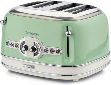 Тостер Ariete Vintage 156 на 4 тости, 1600 Вт, ретро дизайн, 6 режимів підсмажування, автоматичний викид, функція розморожування, знімний піддон для крихт, корпус із нержавіючої сталі, зелений