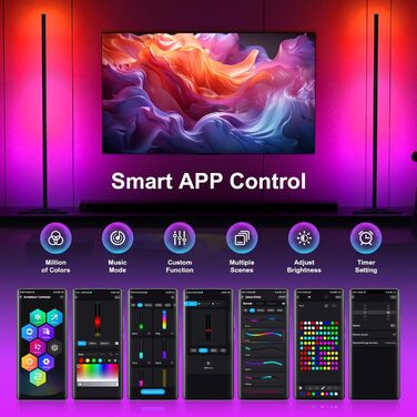 MIWATT LED торшер 143 см для вітальні, RGB, диміруємий, з пультом і додатком, 16 млн кольорів, музичний режим, таймер, чорний