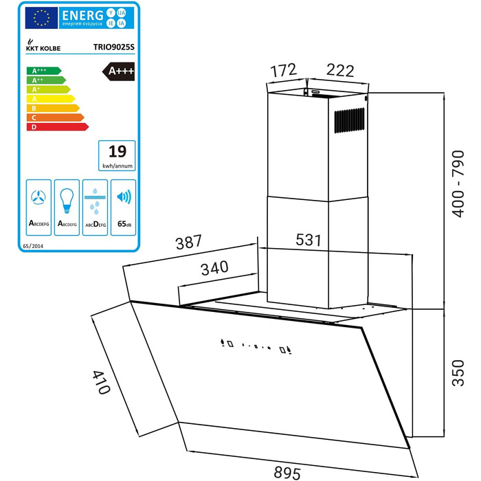 Витяжка кухонна KKT KOLBE TRIO8025S 80см, чорна, скло, керування жестами та SensorTouch, LED-підсвітка, режим рециркуляції та відведення, продуктивність 782 м³/год