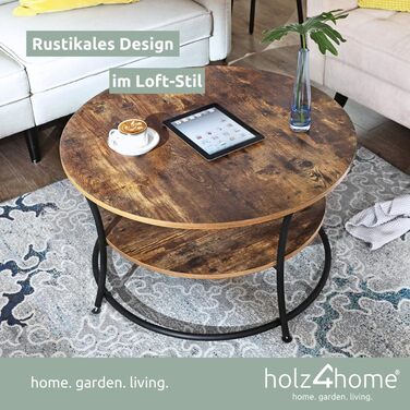 Журнальний стіл holz4home Lillie круглий, з полицею, індустріальний стиль, легка збірка, коричневий
