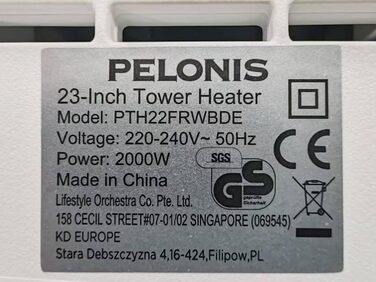 Керамічний електрообігрівач PELONIS 2000W з термостатом, дистанційним керуванням, 75° обертанням, таймером 24 години, енергозберігаючий, тихий, для спальні, 58 см, білий