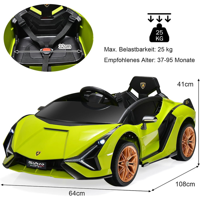 Дитячий електромобіль Lamborghini 12V з пультом, ременем безпеки, світлом, музикою та сигналом, електрокар для дітей від 3 років, зелений