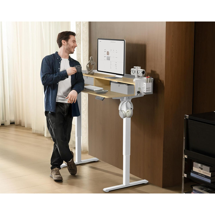 Електричний стіл-трансформер WALKINGDESK з дуба, 140x61 см, регульований письмовий стіл із 2 шухлядами для домашнього офісу, ергономічний стіл-сидячи-стоячи з полицею, тримачем для ручок та гачками