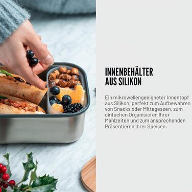 Сталевий ланчбокс Black + Blum Ozean 1.25 л з бамбуковою кришкою-дошкою, силіконовим роздільником та ремінцем, BPA-free, колір Ocean