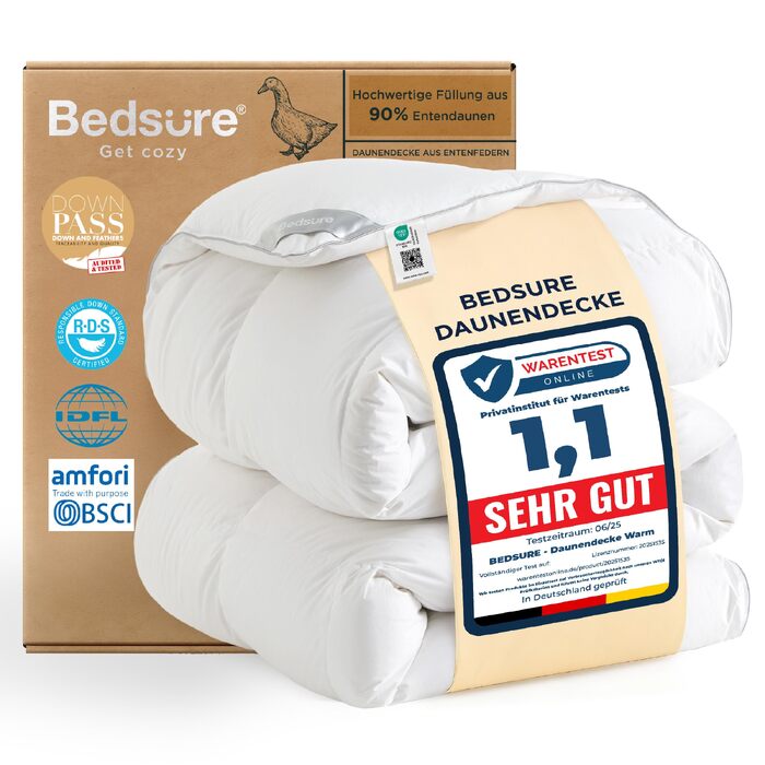 Зимова ковдра BEDSURE 155x220 см, дуже тепла пухова ковдра (90% пух, 10% перо), наповнювач 1480 г, біла, сертифікат Öko-Tex, можливість прання
