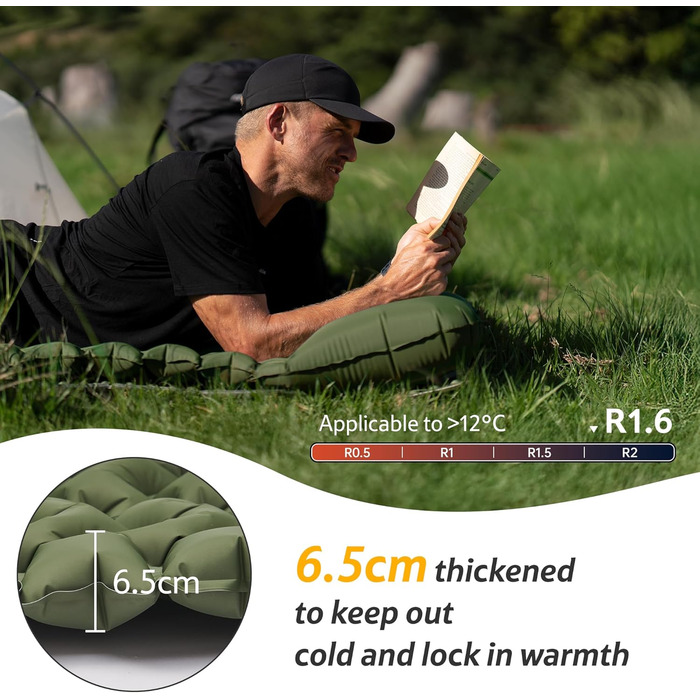 Надувний кемпінговий килимок Naturehike Ultralight з вбудованим насосом для походів та туризму, армійний зелений, одноосбовий