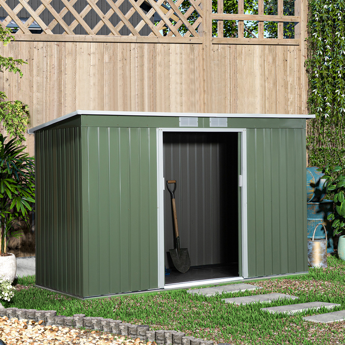 Outsunny Garden Shed, Садовий сарай, Садовий сарай з розсувними дверима, Вентиляційне вікно, Моноскатний дах, Відкритий, Сталевий, Світло-зелений, 280 x 130 x 172 см