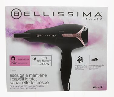 Фен для волосся Bellissima K9 2300 Вт з іонізацією, без фризу, 8 режимів, з функцією зволоження та насадкою для локонів