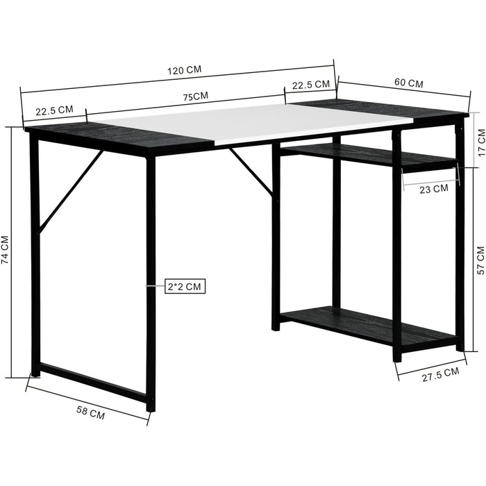 Письмовий стіл з полицями FurnitureR 120x60x74 см, дерев'яний та металевий, для дому, офісу, вітальні, індустріальний стиль, чорно-коричневий