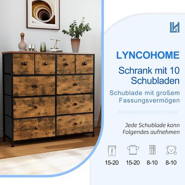 LYNCOHOME комод з 10 тканинними шухлядами, органайзер для кухні, офісу, коридору, вінтажний коричневий, тумба під телевізор