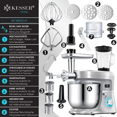 Кухонна машина KESSER 3 в 1 KM 3000 з м'ясорубкою, міксером та соковитискачем, 5.5л чаша, набір аксесуарів для пасти та випічки (срібна)