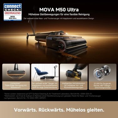 Mova M50 Ultra пилосос 2-в-1 (мокре/сухе прибирання), 22000 Па, з робочим маніпулятором, телескопічною ручкою, гарячим миттям щіток (100°C) та сушінням (90°C, 5 хв) - Чорний