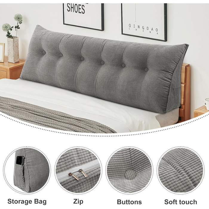 Подушка трикутна для спини OHMG 180x50x20 см, сіра - для ліжка та дивана, з кишенею, знімний чохол