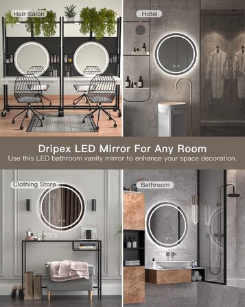 Дзеркало для ванної кімнати Dripex круглої форми з підсвічуванням LED, сенсорне керування, регулювання яскравості, 3 кольори світла, антизапарник, 50x50 см