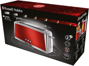 Тостер Russell Hobbs Luna Edelstahl Red для 2 скибок хліба з широким прорізом, з підставкою для булочок, 6 режимів підсмажування, розморожування та підігрів - 23250-56