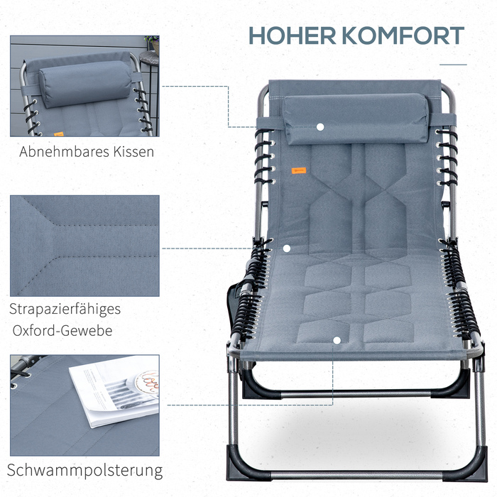 Outsunny Sun Lounger, складний садовий шезлонг з подушкою, бічна сумка, шезлонг з регульованою спинкою в 5 напрямках, стійкий до погодних умов шезлонг для кемпінгу з вантажопідйомністю до 130 кг, для садового пляжного басейну, сірий