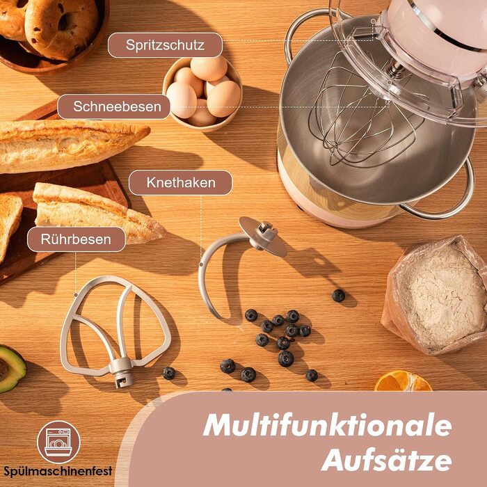 Кухонна машина Kitchen in the box Fab-Serie, потужний планетарний міксер 2000Вт, чаша 8л, 10 швидкостей, з вінчиком, гаком та міксером, Рожевий