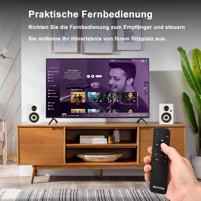 Sanyun SW206: 4-дюймові Hi-Fi акустичні колонки з режимом Studio, 80W, Bluetooth 5.4, USB DAC, для програвачів, TV, PC, MDF корпус, білі