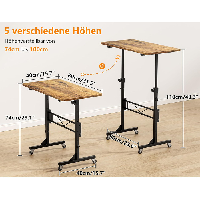 Регульований по висоті письмовий стіл HOMIDEC з колесами, 80x40 см (Vintagebraun) для дому та офісу. Стол для комп'ютера, стоячий стіл для ходьби
