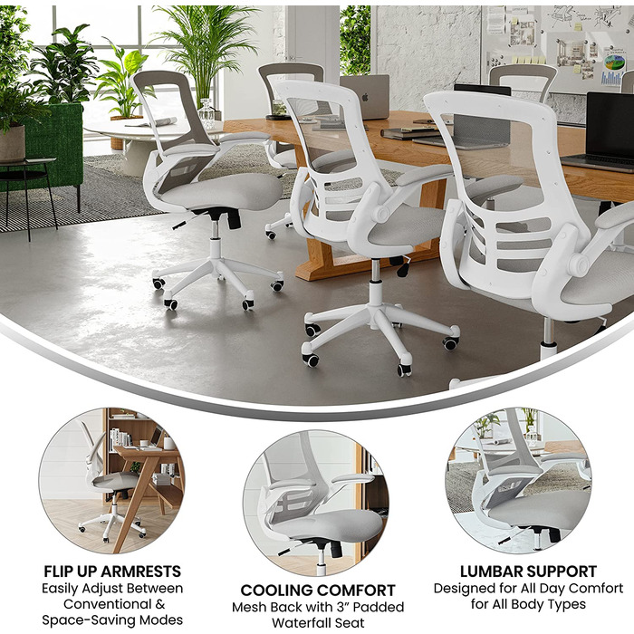Ергономічне офісне крісло Flash Furniture, сітка, середньої висоти, з відкидними підлокітниками, світло-сіра сітка/білий каркас, 64.77x62.23x104.78 см