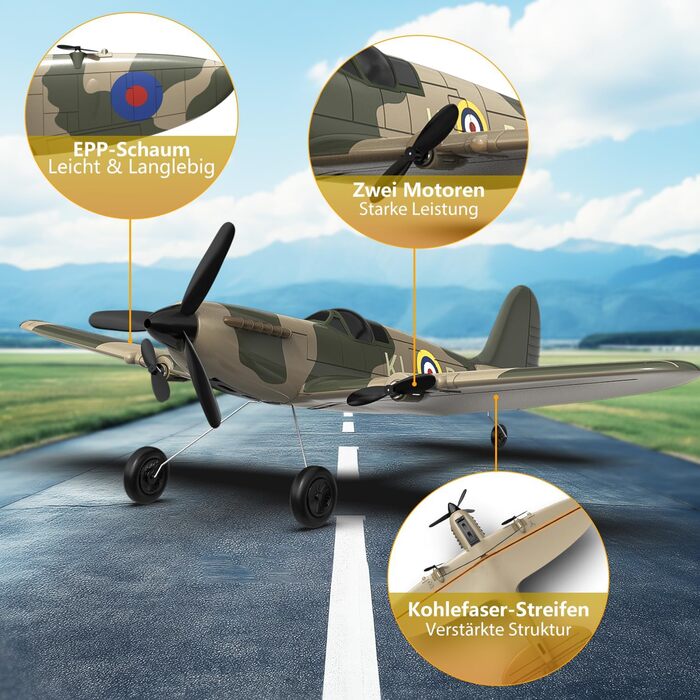 RC літак Hawk's Work Spitfire 2.4GHz - радіокерований винищувач для дітей та початківців, готовий до польоту, 6-осьовий гіростабілізатор