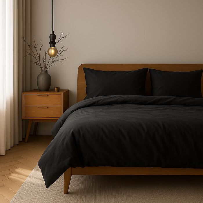 Комплект постільної білизни VEL VET HOME з 100% бавовни, підковдра 140x200 см та наволочка 80x80 см, на блискавці, преміум-якість, чорний