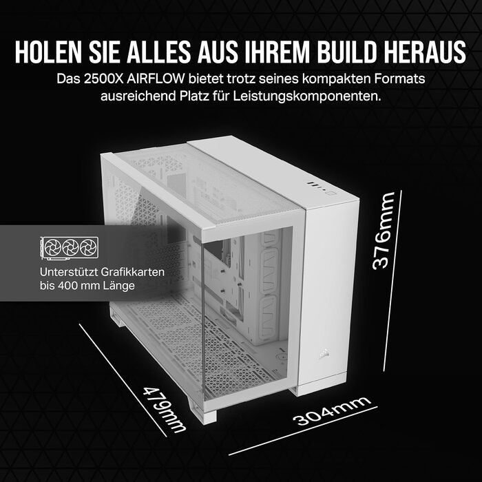 Корпус для ПК CORSAIR 2500X mATX, скло, білий, подвійна камера, сумісний з реверсивним підключенням материнської плати, без вентиляторів