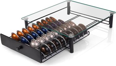 Тримач для капсул Nespresso Vertuo з загартованого скла, органайзер для зберігання 40 капсул VertuoLine (Next & Plus), протиковзаюча шухляда, чорний