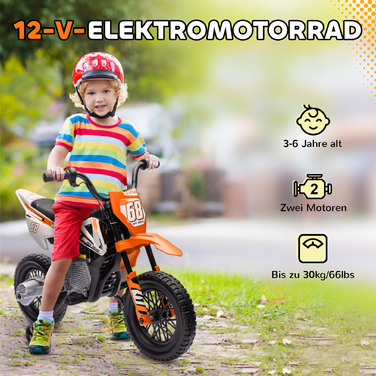 Дитячий електричний мотоцикл AIYAPLAY, дитячий мотоцикл 12V з музикою, дитячий транспортний засіб зі знімними тренувальними колесами, 2,4-5 км/год, для дітей 3-6 років, макс. 30 кг, помаранчевий