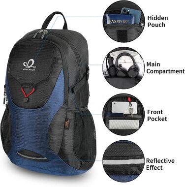 Складаний рюкзак WATERFLY 30 л для туризму та подорожей, з вологовідділенням, ультралегкий, для чоловіків і жінок, синій/чорний