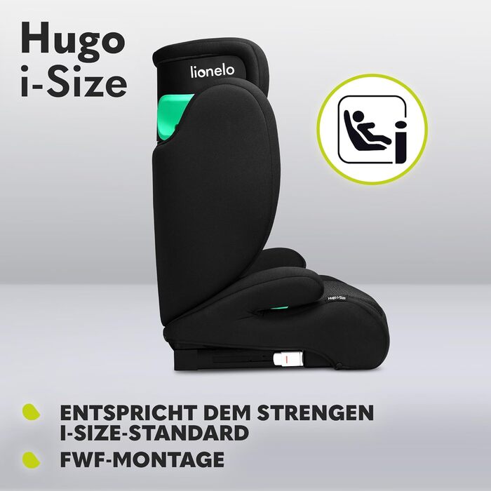 Автокрісло Lionelo Hugo i-Size R129 Група 2/3 (100–150 см) – ISOFIX, регульована підголовник з Memory Foam, бічний захист, комфортні підлокітники, чорний карбон