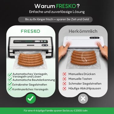 Вакууматор FRESKO AutoMax для продуктів, 140 Вт, 18 л/хв, з вбудованим різаком для пакетів, сріблястий