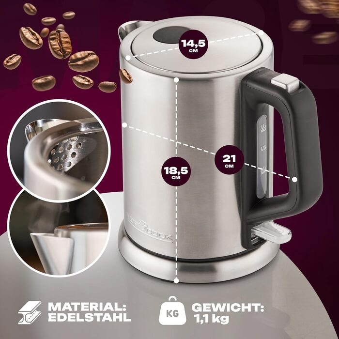 Електрочайник ProfiCook 1 л, нержавійка, 2200 Вт, компактний, BPA-free, одноручне керування, індикатор рівня води, модель PC-WKS 1106