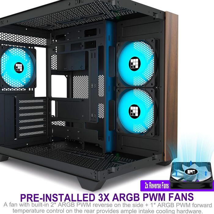 Ігровий корпус для ПК FOIFKIN M3, ATX Mid-Tower, чорний, з дерев'яною передньою панеллю з горіха, 3 встановлені ARGB PWM вентилятори, панорамне скло 270°, USB Type-C