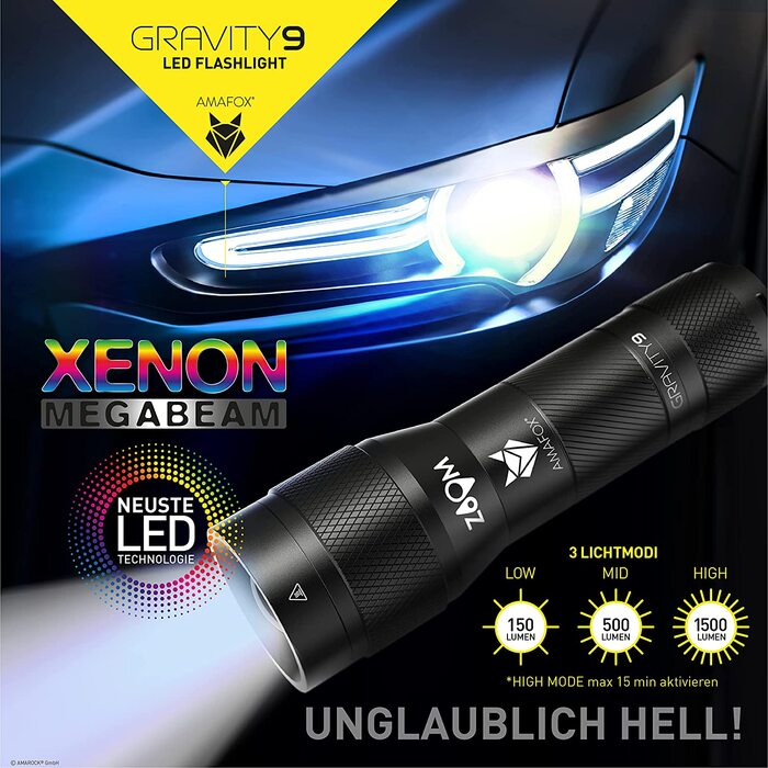Ліхтарик AMAFOX G9 XENON Megabeam, надпотужний LED, тактичний, акумуляторний, з USB-C, чорний, для туризму та безпеки