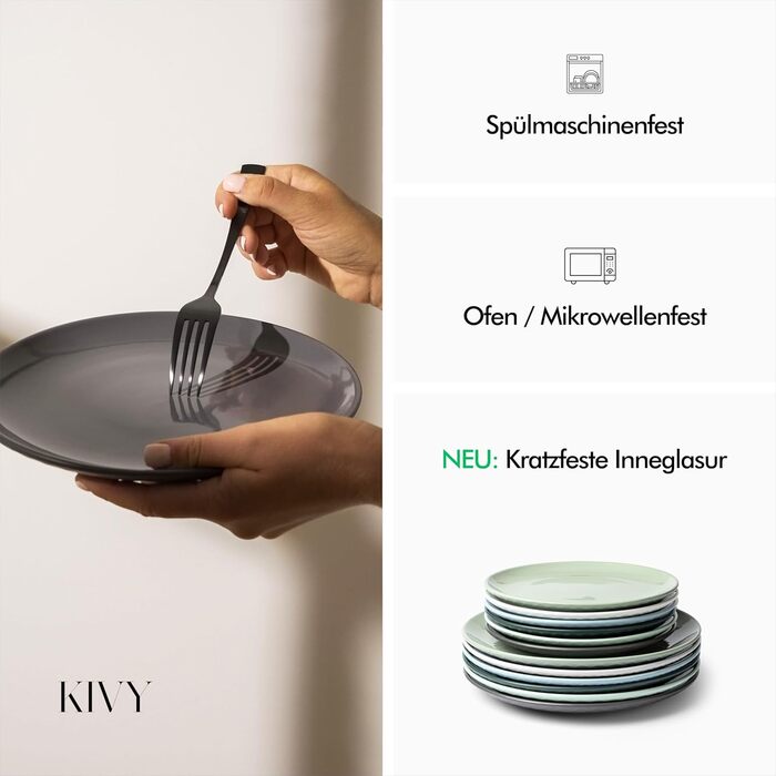 Набір посуду KIVY на 6 осіб, 12 предметів, стійкий до подряпин та посудомийної машини, сучасний зелений сервіз: 6 обідніх тарілок 27 см і 6 десертних тарілок 22 см