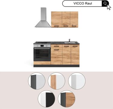 Кухонний модуль Vicco R-Line, дуб Goldkraft/антрацит, 160 см, з шафою під плиту, під вбудовану техніку та мийку (без стільниці та мийки)