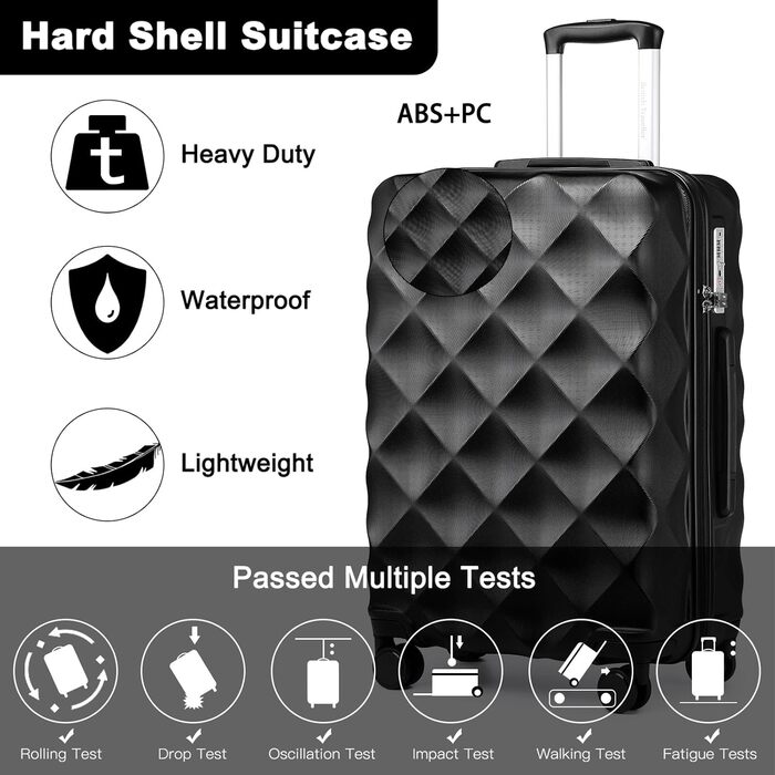 Валіза British Traveller XL, жорсткий корпус, 74.5×49×30.5 см, чорна, ABS+PC, з TSA-замком, велика дорожня валіза на колесах для подорожей
